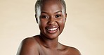 Beauty, skincare and face of black woman with smile for facial treatment, wellness and cosmetics in studio. Dermatology, spa aesthetic and portrait of happy girl with glow, healthy and natural skin