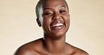 Beauty, skincare and face of black woman laugh for facial treatment, wellness or cosmetics in studio. Dermatology, spa aesthetic and portrait of happy African girl with glow, healthy and natural skin