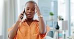 Phone call, conflict and upset woman talking on a cellphone in the living room of her modern house. Communication, angry and annoyed African female in a argument while on mobile conversation at home.