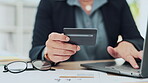Professional woman, credit card and laptop online shopping, ecommerce or fintech easy payment in office. Business person typing bank information on computer, financial app or web 3.0 for stock market