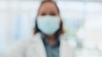 Covid, vaccine or hand with a doctor asian woman holding a bottle of medication in a hospital. Portrait, mask and treatment with a female medicine profession finished with her research or development