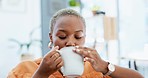 Black woman, coffee and thinking with vision, relax and  mindset with ideas, happy and peace in house. Young African, drink latte and tea with focus, happiness and memory with mindfulness in home