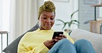 Relax, black woman on couch and smartphone for social media, connection and happiness in living room. African American female, happy lady and cellphone for typing, online reading and rest in lounge