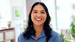 Business woman, face and office laugh with happiness from job ready for working. Happy, smile and female portrait of a young person and employee feeling proud and confident from writing career