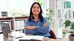 Happy asian woman, laptop and typing in small business confidence with arms crossed for management at office. Portrait of confident female manager working on computer smiling for career ambition