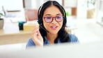 Call center, computer and happy woman, agent or consultant technical support, online solution or help desk. International virtual assistant or friendly asian person consulting and talking on desktop