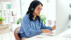 Customer support, computer and typing woman, agent or consultant call center, online solution or help desk. International virtual assistant or friendly asian person consulting and talking on desktop