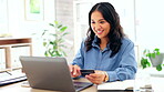 Happy woman, credit card and laptop for business online shopping, banking or fintech payment at office. Success or winning Philippines person typing bank information, loan or transaction on computer