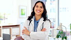 Happy asian woman, doctor and confidence with arms crossed for healthcare insurance at hospital. Portrait of confident female medical professional face standing and smiling in health advice at clinic