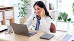 Phone call, laptop and woman doctor talking for happy communication, telehealth service and virtual support. Busy Asian medical professional or nurse in Philippines on cellphone for healthcare advice