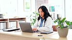 Healthcare, laptop and woman doctor working in her office in the hospital analyzing a diagnosis. Technology, professional and female medical worker doing pharmaceutical research on computer in clinic