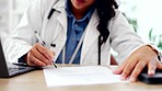 Writing, doctor and hands of woman with paperwork in hospital for medicine, drugs or medication prescription. Healthcare, medical care and female write notes on documents for patient results or data