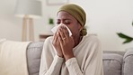 Black woman, tissue and sneeze, sick and health with cold or flu, illness and virus at home, allergy and hay fever. Sinus problem, blowing nose and healthcare with female in living room with disease