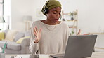 Consulting, call center and black woman with laptop in home office for telemarketing. Customer service, online meeting and young female sales agent, telemarketer or remote worker talking with headset