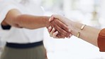 Partnership, handshake and business women in office for investment deal, thank you or agreement. Closeup employees shaking hands in collaboration, welcome and contract of b2b support, trust or hiring