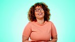 Face, funny and black woman laughing, celebration and achievement against studio background. Portrait, Jamaican female and lady with smile, happiness and cheerful with energy, carefree and confident