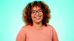 Funny, happy and portrait of a black woman clapping isolated on a blue background in a studio. Comic, smile and an African girl laughing at a comedy joke, excitement and celebrating on a backdrop