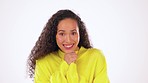 Wow, shocked and portrait of a laughing woman isolated on a white background in a studio. Crazy, surprise and facial expression of a girl with shock, amazement or hearing good news on a backdrop