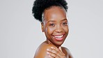 Black woman, face and cream in beauty portrait, cosmetic product and skincare glow isolated on studio background. Hand, moisturizer with dermatology and mockup space, cosmetic care and lotion