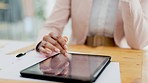 Business, tablet and hands of black woman on desk working online for research, website and internet. Networking, technology and fingers of female worker browse, scroll and typing on screen in office