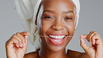 Smile, dental and floss with black woman in studio for shower, morning routine and oral hygiene. Teeth, plaque and gum health with portrait of girl model and cleaning for natural, breath or treatment