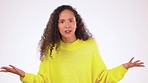 Angry, shouting and portrait of a woman with a problem isolated on a white background in a studio. Rude, anger and an upset girl screaming, talking and in an argument with conflict on a backdrop