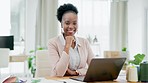 Face,  entrepreneur or black woman with smile, laptop or digital planning in workplace. Portrait, Nigerian female leader or manager with device, confidence or online reading for information in office