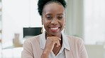 Happy, face and business woman in her office with confidence, leadership and a positive mindset. Happiness, smile and portrait of professional African female employee sitting by her desk in workplace