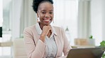 Face, business and black woman in office, leadership and management with happiness, confidence and skills. Portrait, African American female employee and manager with smile, laptop and consultant