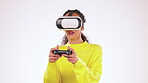 VR, glasses and gamer woman isolated on a white background metaverse, gaming console and cyberpunk action. Video game, futuristic and virtual reality of female user, scifi and online battle in studio