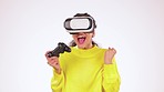 VR, glasses and winning gamer woman isolated on a white background metaverse, gaming console and cyber success. Winner, futuristic and virtual reality of female user, scifi and fist pump in studio