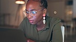 Deadline, reading and black woman typing on a laptop for strategy, project management or research at night. Internet, dark and African employee working on a computer during overtime in an office