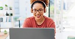 Planning, laptop and woman doing remote work with music for tasks, freelancing or strategy. Happy, enjoying and employee listening to the radio, audio or podcast while working online at home