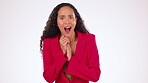 Wow, surprise and good news with a black woman in studio on a gray background saying omg or wtf. Portrait, gossip and shock with an attractive young female looking surprised by an announcement