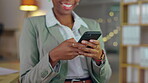 Black woman, hands and phone at night in business communication, texting or chatting at the office. Hand of African American female employee working late on smartphone for social media or networking