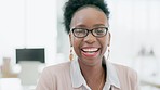 Face, business and black woman with smile, success and confidence in workplace, investment and accountant. Portrait, African American female employee and manager with happiness and startup company 