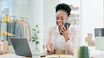 Laptop, phone call and fashion with a designer black woman listening to an order while working in her studio. Computer, ecommerce and creative with a female employee at work in her design workshop