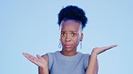 Black woman, confused and hands out isolated with questions and asking why on blue background with mockup. Confusion, doubt and person from South Africa with problem hand gesture in studio portrait.