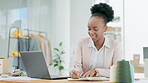 Black woman, laptop and writing in ecommerce business of fashion designer in digital marketing at office. Happy African female retail clothing owner with notebook for schedule planning on computer