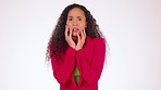 Face, stress and black woman with fear, anxiety and nervous with girl against studio background. Portrait, African American female and lady with mental health issue, nervous or frightened with phobia