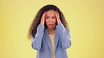 Anxiety, stress and worried face of black woman on yellow background for scared, nervous and worry emotions. Mental health, anxious mockup and girl with stressed, panic and fear reaction in studio