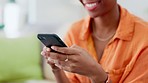 Closeup, hands and black woman with smartphone, typing and connection for social media, contact or communication. Zoom, hand or happy African American female with cellphone, digital or online reading