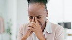 Sad, anxiety and black woman with headache pain from burnout, stress or work problem. Depression, mental health and crying African employee with a migraine, unhappy and overworked in an office