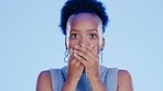 Black woman, studio and surprise face by background for news, event or gossip with hands on mouth. Gen z model, young african and wow with shock, notification and trendy fashion by blue backdrop