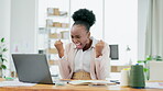 Winning, laptop and fashion designer woman of sales, ecommerce success or online shop profit celebration. Yes, wow and fist pump of african seller or winner on computer for startup, marketplace goals