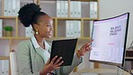 Black woman, tablet and computer for business strategy, digital marketing or web design at the office desk. Happy African American female working on touchscreen and PC for online research or analysis