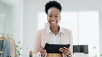 Business, tablet and face of black woman with smile working online for networking, website and internet. Ecommerce, fashion designer and portrait of happy female worker with tech for client orders