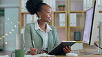 Black woman, tablet and writing business strategy for planning or digital marketing on computer at office. Happy African female employee taking notes in book with touchscreen for project plan by PC