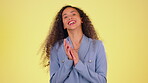 Face, black woman and applause for celebration, success and lady against studio background. Portrait, Jamaican female and girl clapping, achievement and good news with gesture for winning and victory