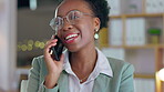 Black woman, business and phone call laughing for funny joke, meme or conversation at office. Happy African American female employee talking with laugh for fun discussion on smartphone at workplace